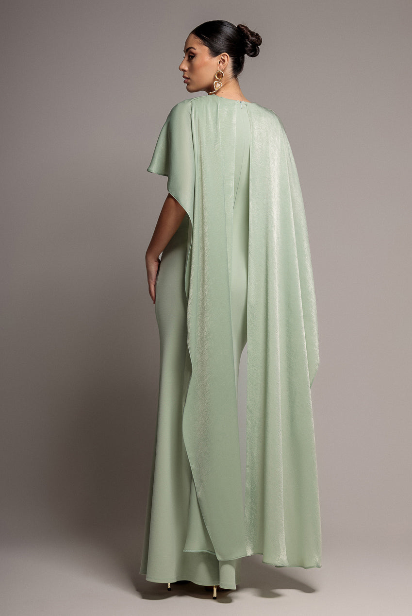 Goddiva Scoop Neck Velvet Satin Cape Sleeve Maxi Dress - Sage Green