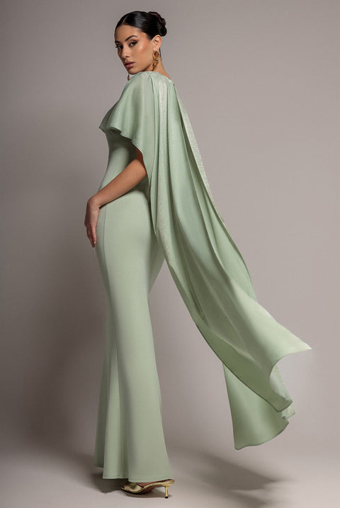 Goddiva Scoop Neck Velvet Satin Cape Sleeve Maxi Dress - Sage Green