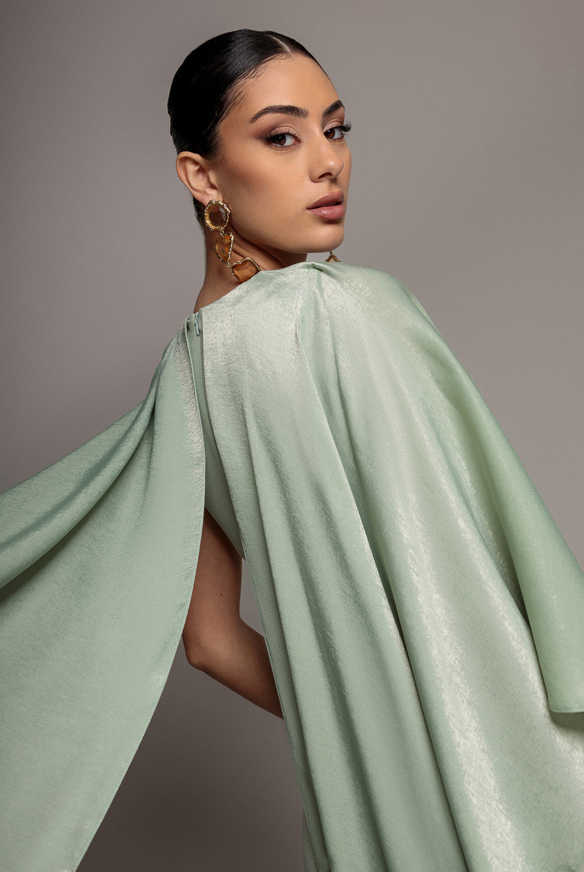 Goddiva Scoop Neck Velvet Satin Cape Sleeve Maxi Dress - Sage Green