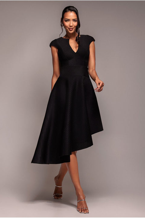 Goddiva Cap Sleeve Textured Skater Asymmetric Midi Dress - Black