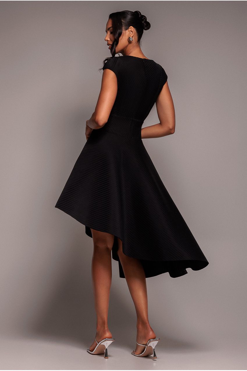 Goddiva Cap Sleeve Textured Skater Asymmetric Midi Dress - Black