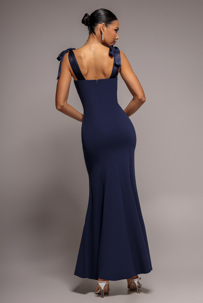Goddiva Multiway Bow Velvet Satin Sweetheart Maxi Dress - Navy Blue