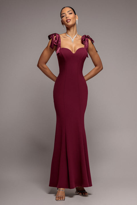 Goddiva Multiway Bow Soft Satin Sweetheart Maxi Dress - Burgundy