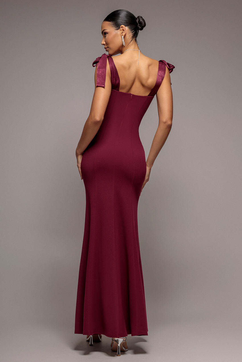 Goddiva Multiway Bow Velvet Satin Sweetheart Maxi Dress - Burgundy
