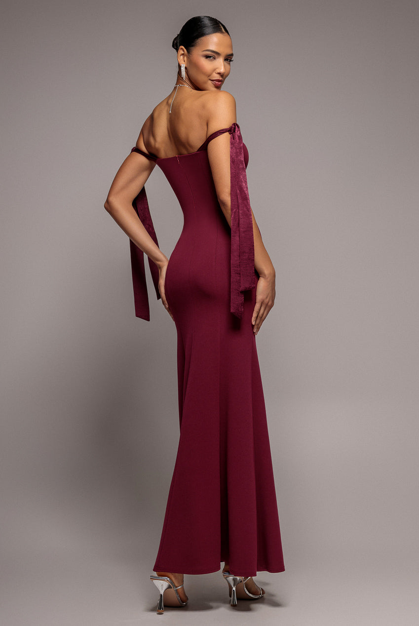 Goddiva Multiway Bow Velvet Satin Sweetheart Maxi Dress - Burgundy