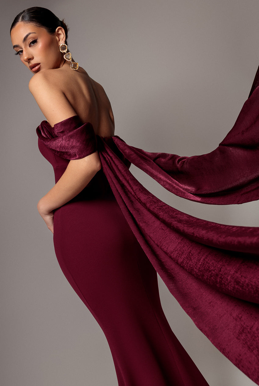 Goddiva Off Shoulder Velvet Satin Wing Cape Maxi Dress - Burgundy