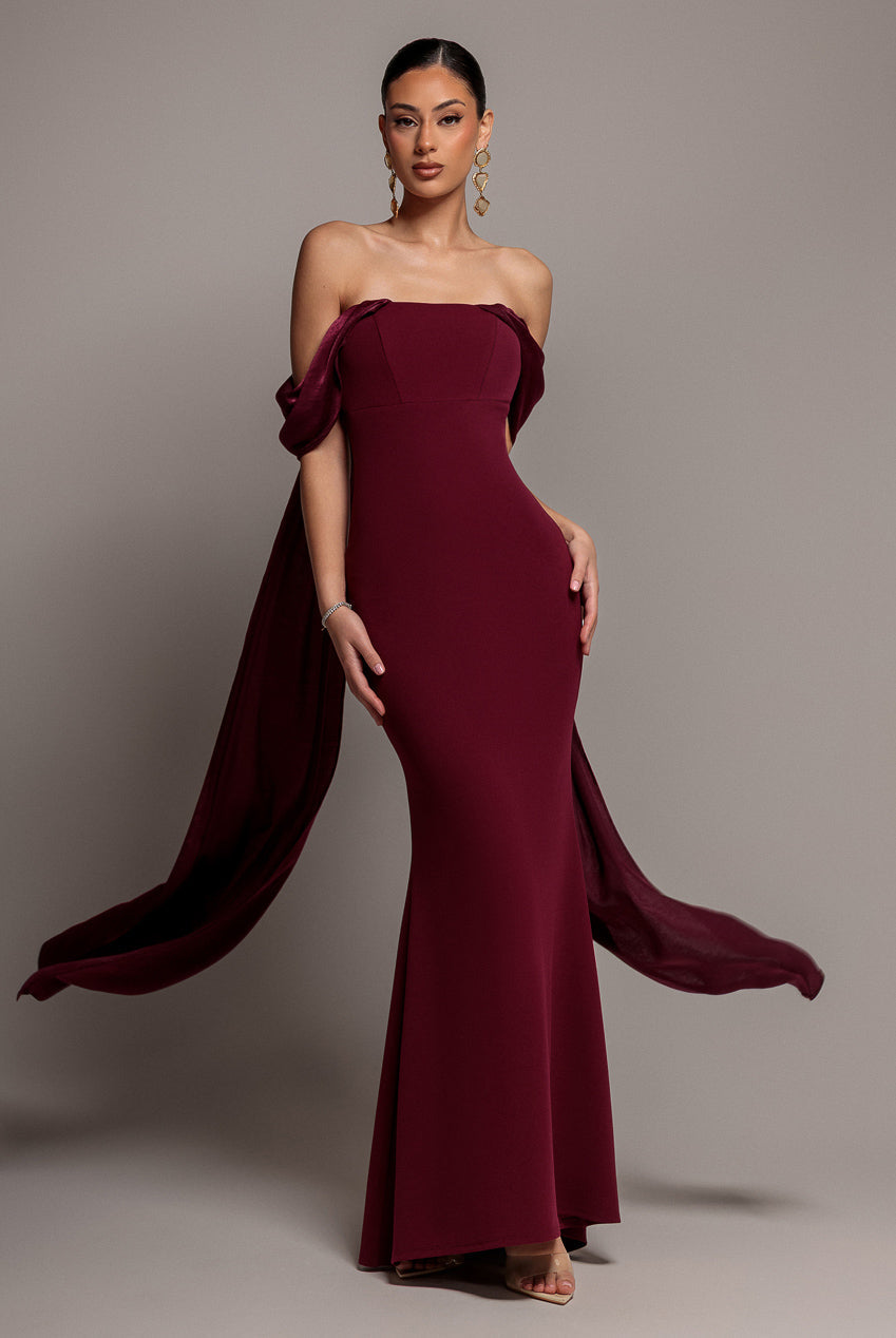 Goddiva Off Shoulder Velvet Satin Wing Cape Maxi Dress - Burgundy