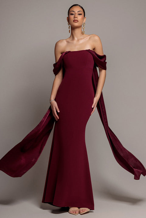 Goddiva Off Shoulder Velvet Satin Wing Cape Maxi Dress - Burgundy