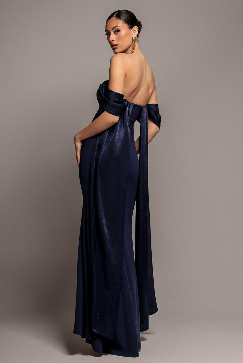 Goddiva Off Shoulder Velvet Satin Wing Cape Maxi Dress - Navy Blue