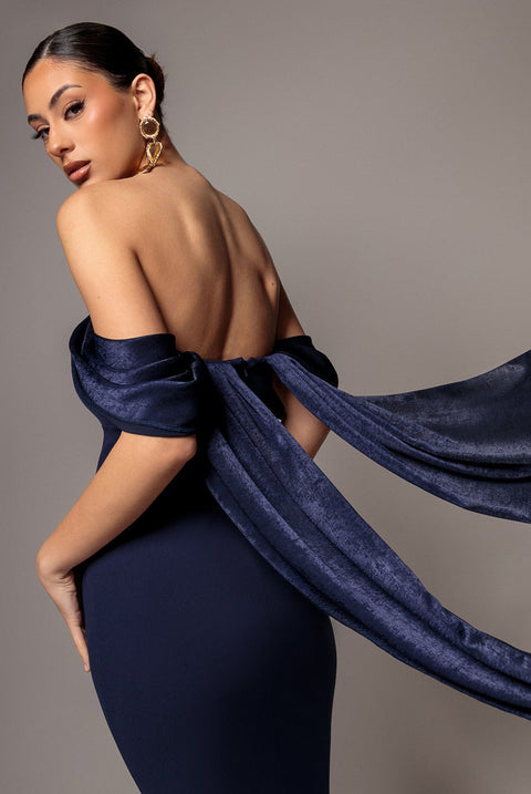 Goddiva Off Shoulder Velvet Satin Wing Cape Maxi Dress - Navy Blue