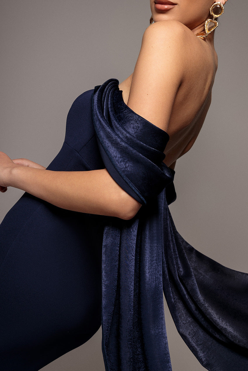 Goddiva Off Shoulder Velvet Satin Wing Cape Maxi Dress - Navy Blue