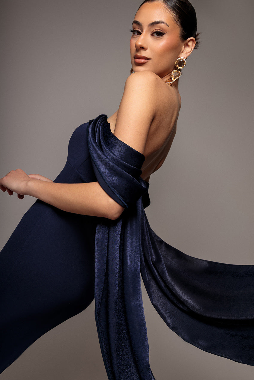 Goddiva Off Shoulder Velvet Satin Wing Cape Maxi Dress - Navy Blue