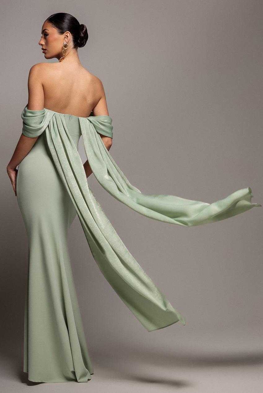 Goddiva Off Shoulder Velvet Satin Wing Cape Maxi Dress - Sage Green