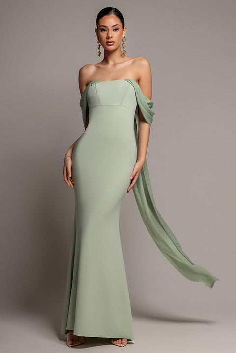 Goddiva Off Shoulder Velvet Satin Wing Cape Maxi Dress - Sage Green