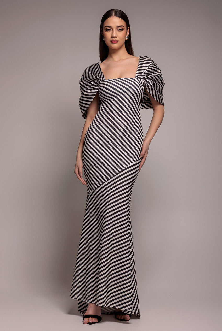 Goddiva Stripe Off Shoulder Bow Back Satin Bow Maxi Dress - Black White