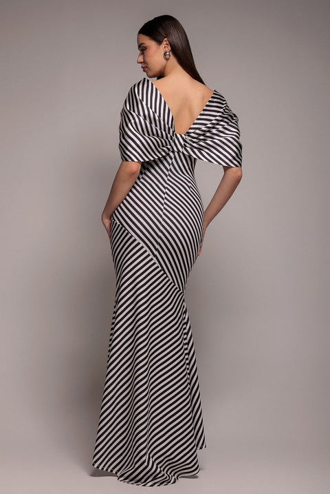 Goddiva Stripe Off Shoulder Bow Back Satin Bow Maxi Dress - Black White