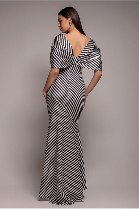 Goddiva Stripe Off Shoulder Bow Back Satin Bow Maxi Dress - Black White