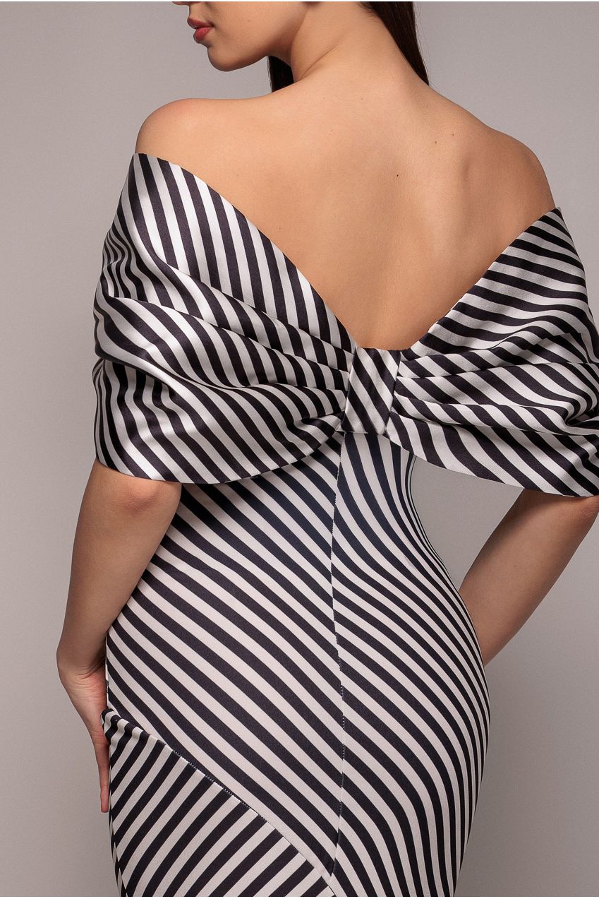 Goddiva Stripe Off Shoulder Bow Back Satin Bow Maxi Dress - Black White