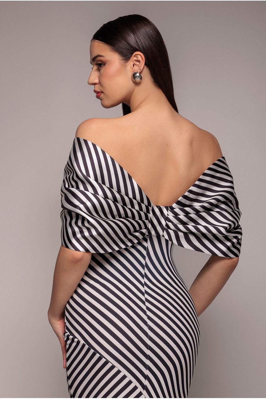 Goddiva Stripe Off Shoulder Bow Back Satin Bow Maxi Dress - Black White