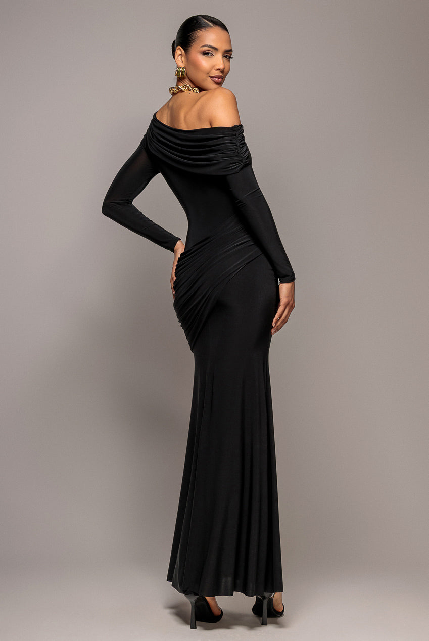 Goddiva Off Shoulder Gathered Panel Soft Touch Maxi Dress - Black