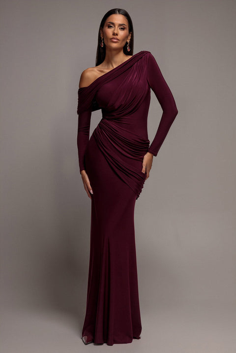 Goddiva Off Shoulder Gathered Panel Soft Touch Maxi Dress - Plum