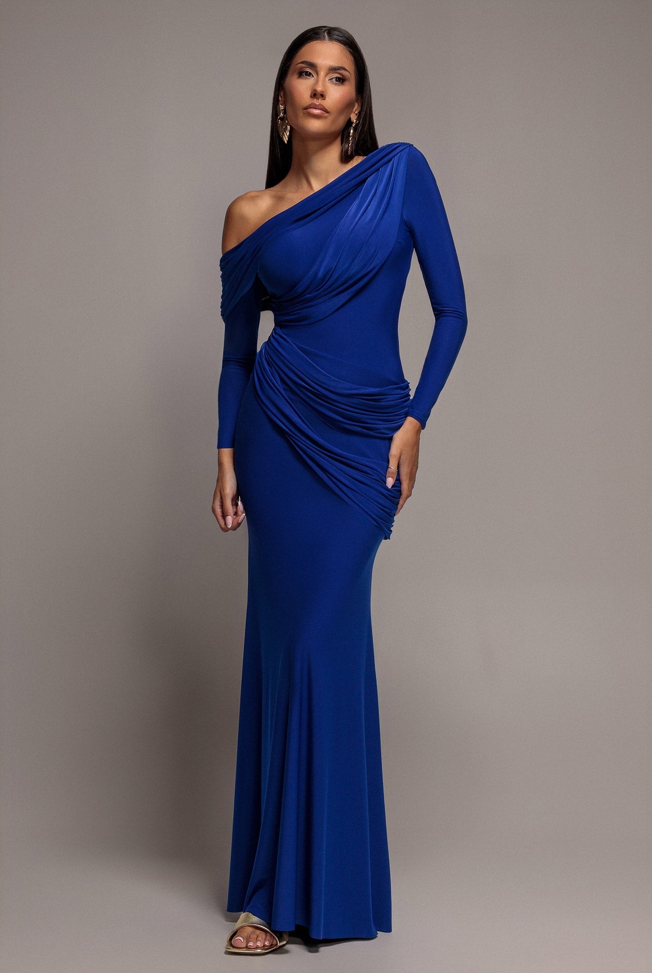 Goddiva Off Shoulder Gathered Panel Soft Touch Maxi Dress - Royal Blue