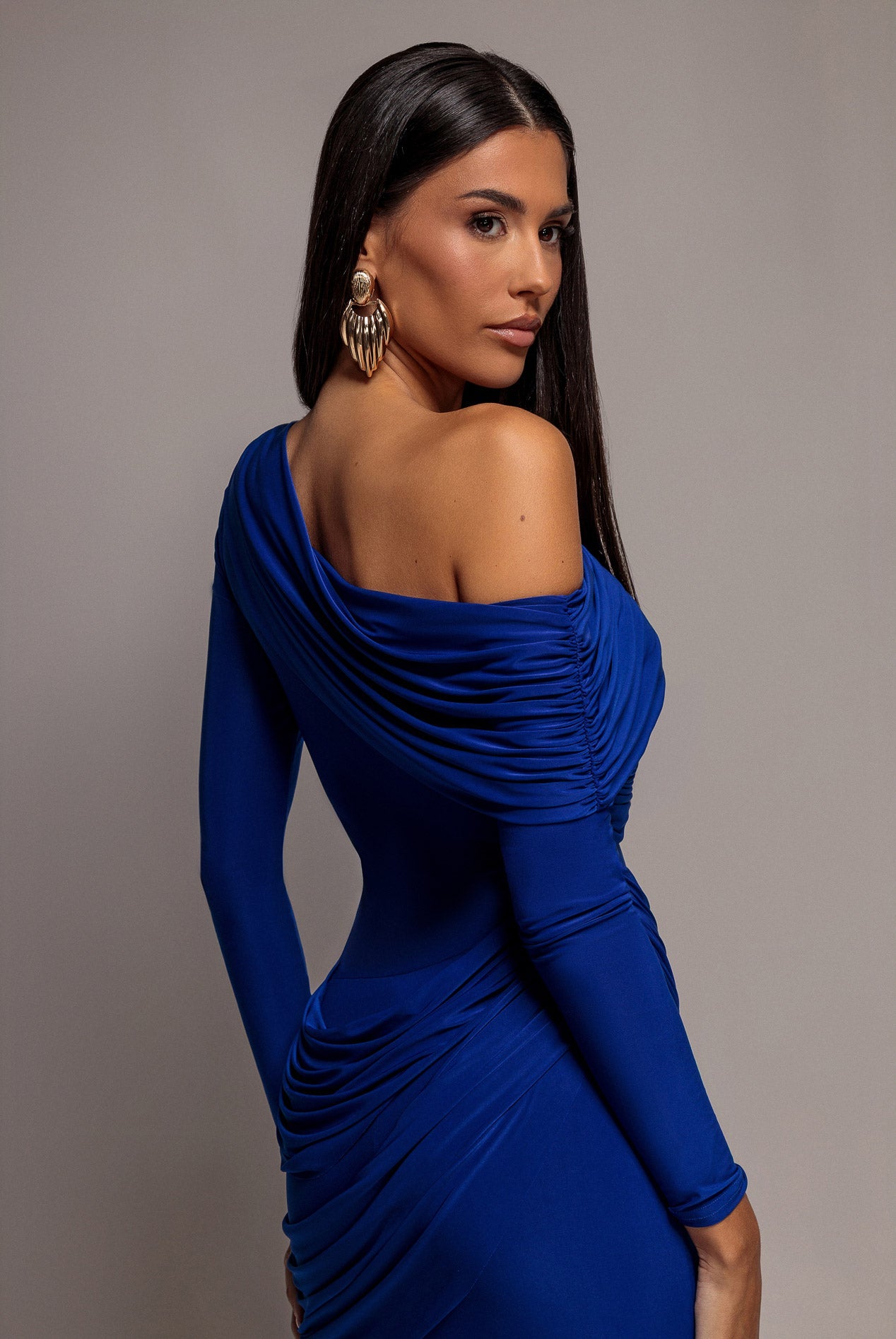 Goddiva Off Shoulder Gathered Panel Soft Touch Maxi Dress - Royal Blue