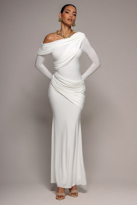 Goddiva Off Shoulder Gathered Panel Soft Touch Maxi Dress - White