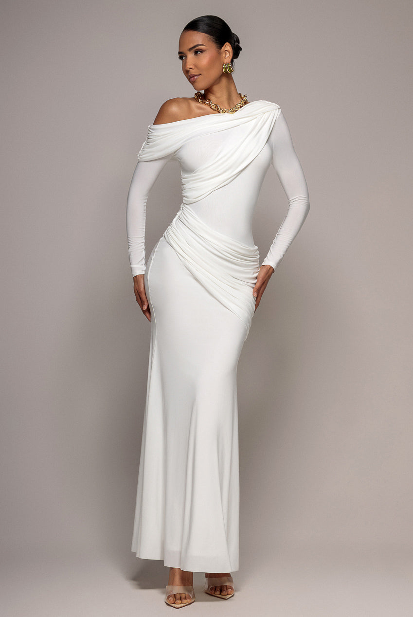 Goddiva Off Shoulder Gathered Panel Soft Touch Maxi Dress - White