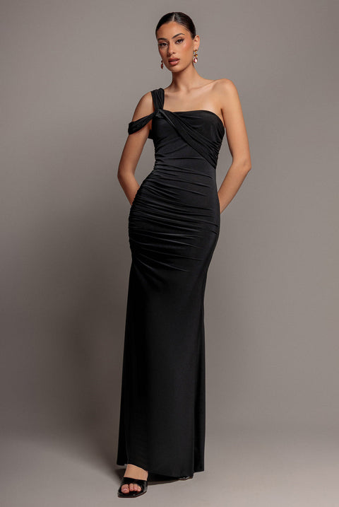 Goddiva One Shoulder Asymmetric Twist Maxi Dress - Black