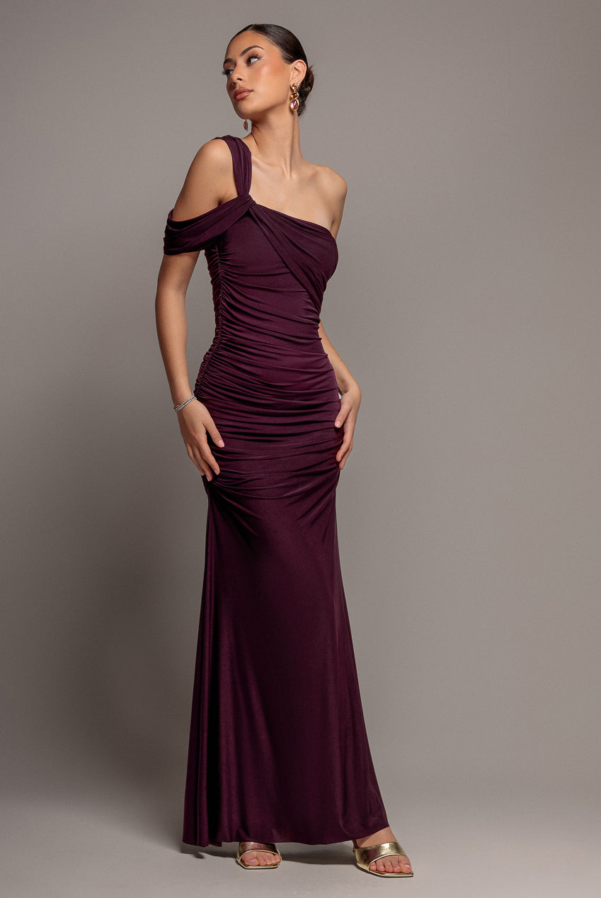 Goddiva One Shoulder Asymmetric Twist Maxi Dress - Burgundy