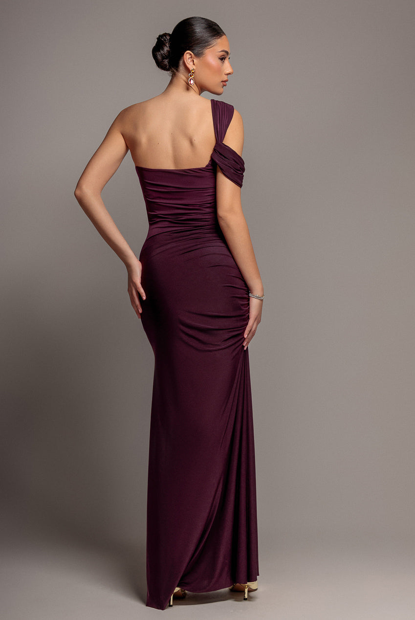 Goddiva One Shoulder Asymmetric Twist Maxi Dress - Burgundy