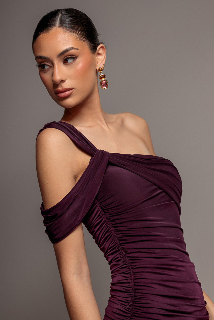 Goddiva One Shoulder Asymmetric Twist Maxi Dress - Burgundy
