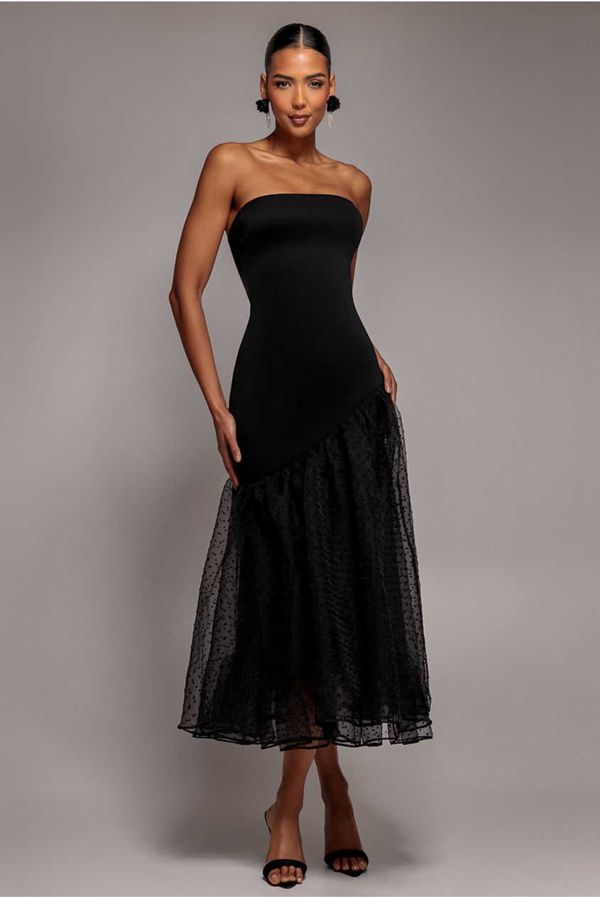 Goddiva Strapless Asymmetric Tiered Midaxi Dress - Black