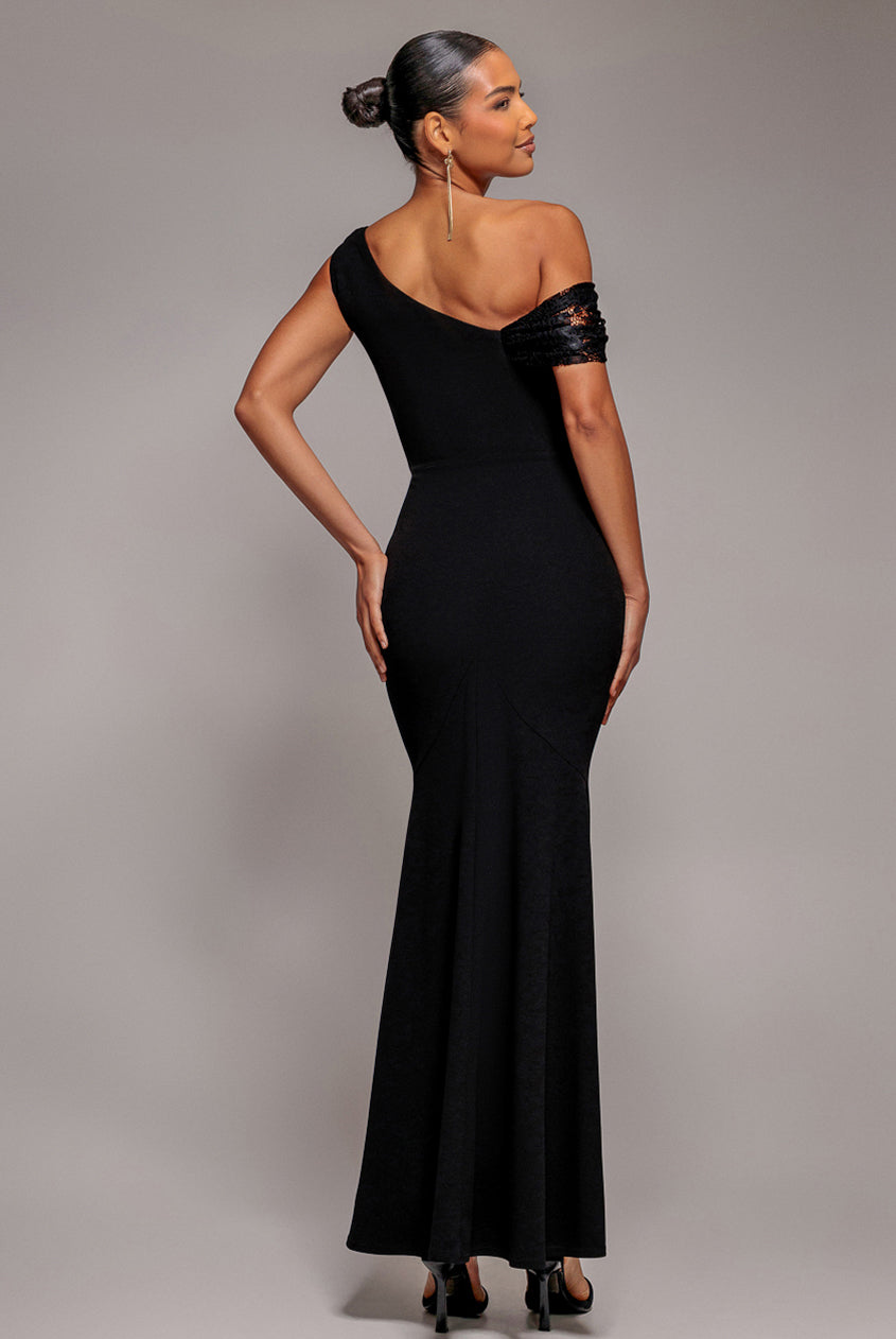 Goddiva Lace Cowl One Shoulder Scuba Crepe Maxi Dress - Black