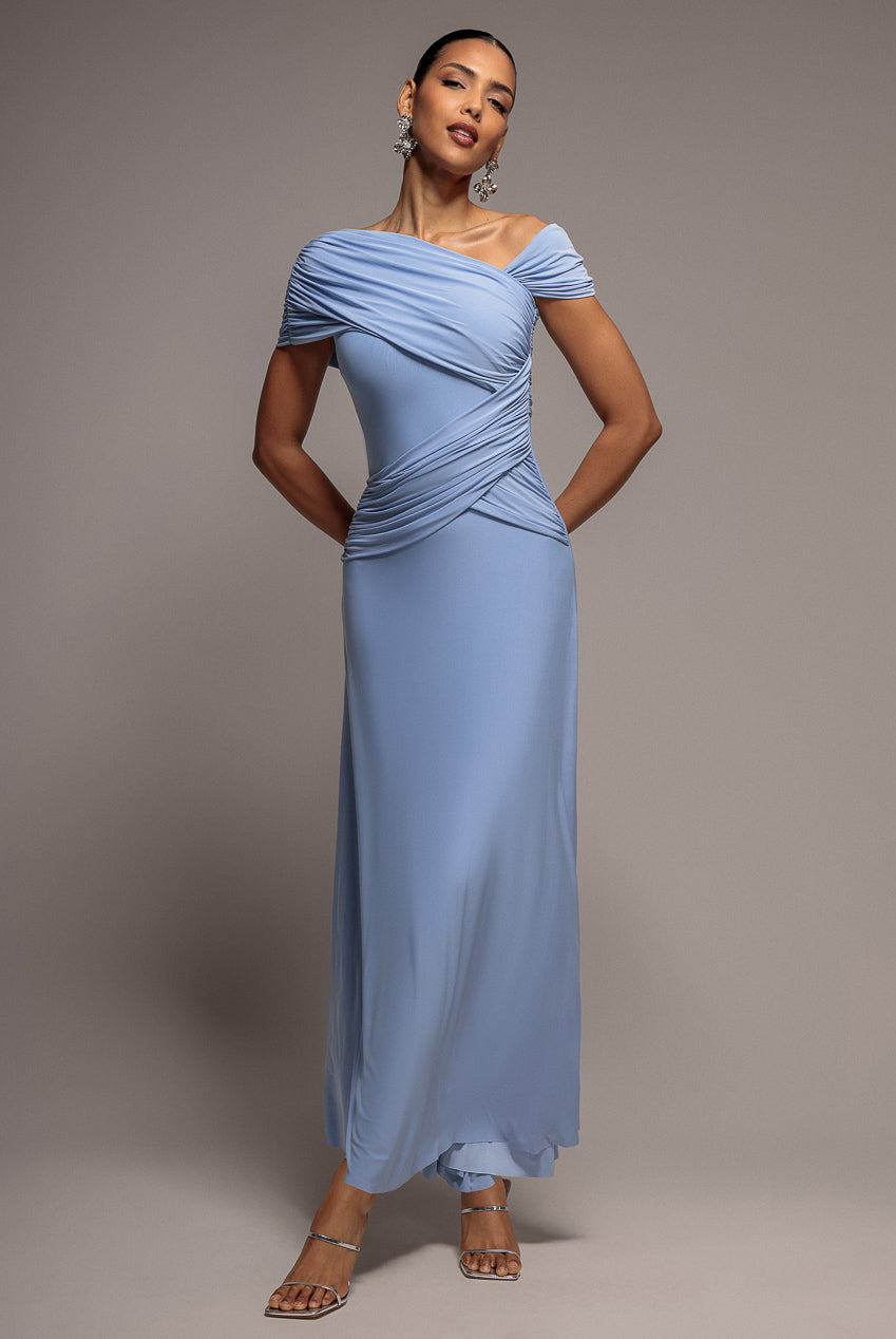 Goddiva Asymmetric Neck Gathered Waist Maxi Dress - Blue