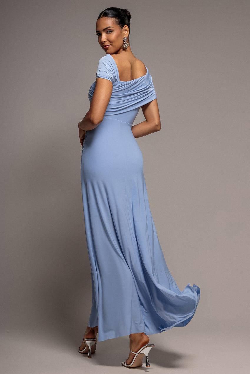 Goddiva Asymmetric Neck Gathered Waist Maxi Dress - Blue