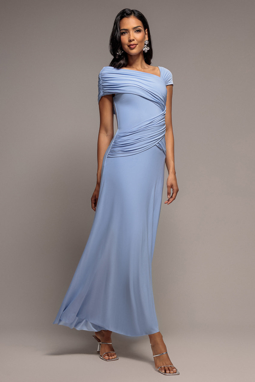 Goddiva Asymmetric Neck Gathered Waist Maxi Dress - Blue