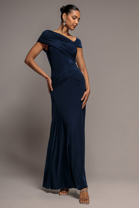 Goddiva Asymmetric Neck Gathered Waist Maxi Dress - Navy Blue