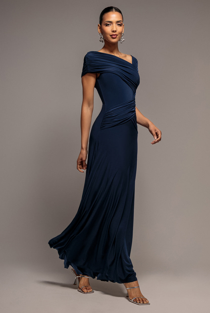 Goddiva Asymmetric Neck Gathered Waist Maxi Dress - Navy Blue
