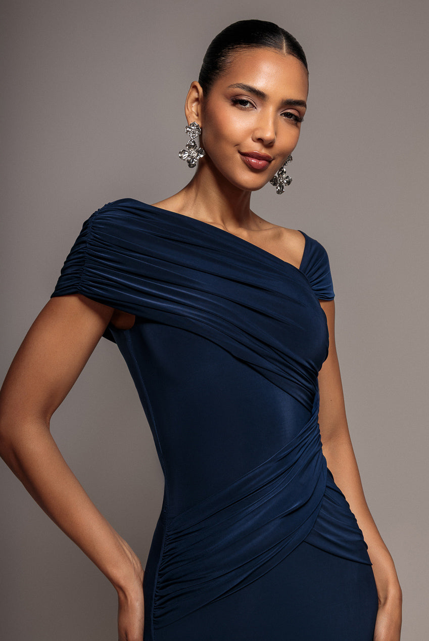 Goddiva Asymmetric Neck Gathered Waist Maxi Dress - Navy Blue