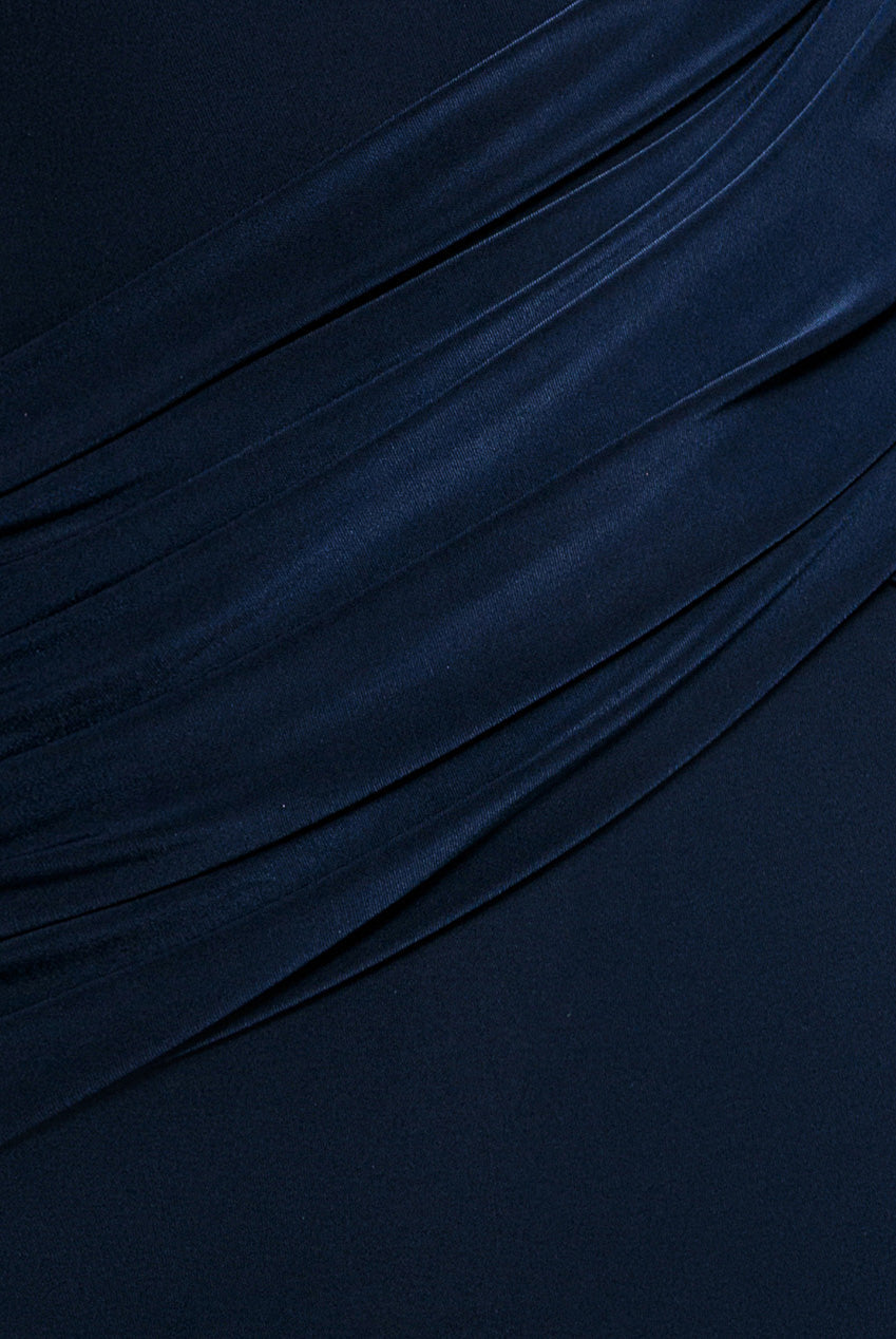 Goddiva Asymmetric Neck Gathered Waist Maxi Dress - Navy Blue