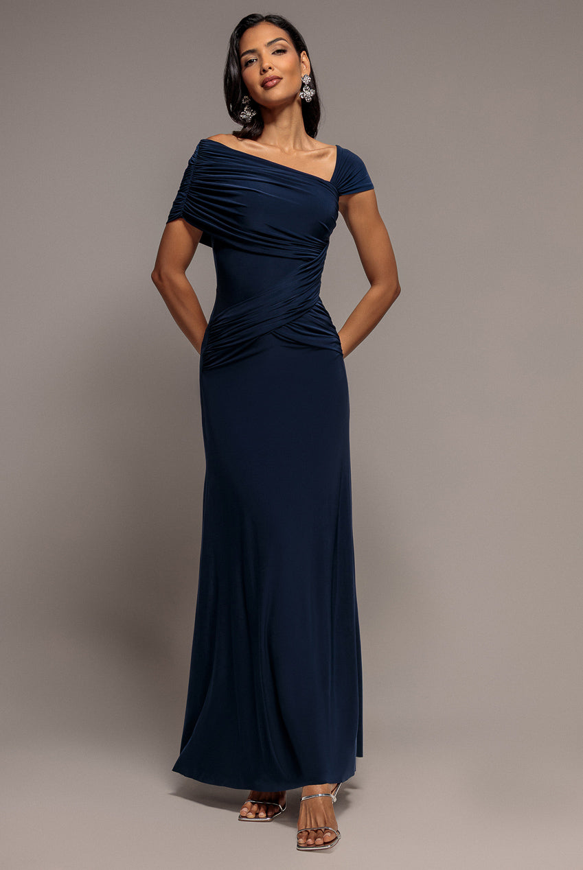 Goddiva Asymmetric Neck Gathered Waist Maxi Dress - Navy Blue