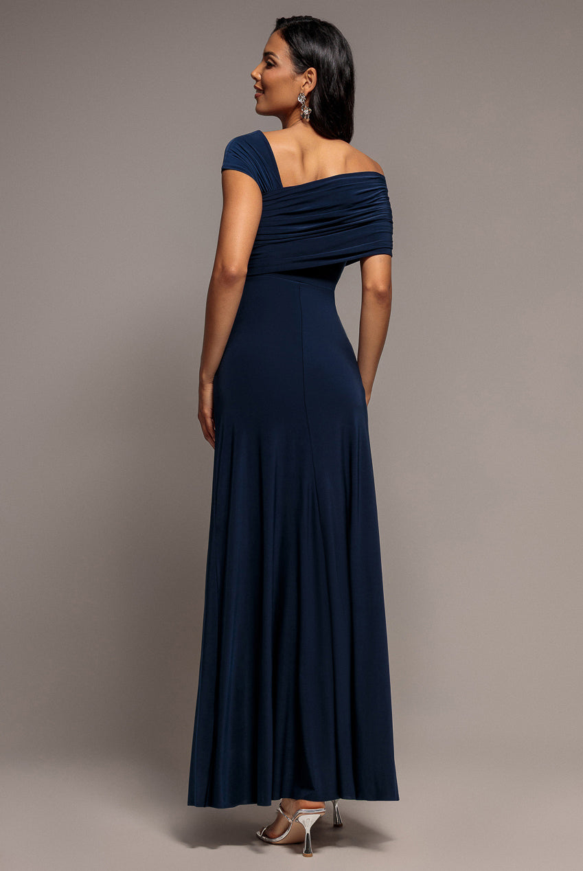 Goddiva Asymmetric Neck Gathered Waist Maxi Dress - Navy Blue