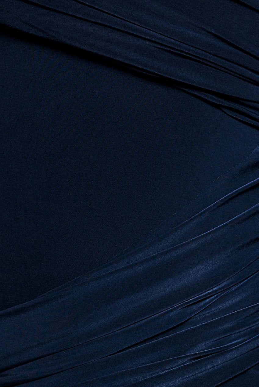 Goddiva Asymmetric Neck Gathered Waist Maxi Dress - Navy Blue