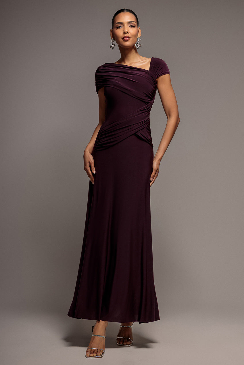 Goddiva Asymmetric Neck Gathered Waist Maxi Dress - Burgundy