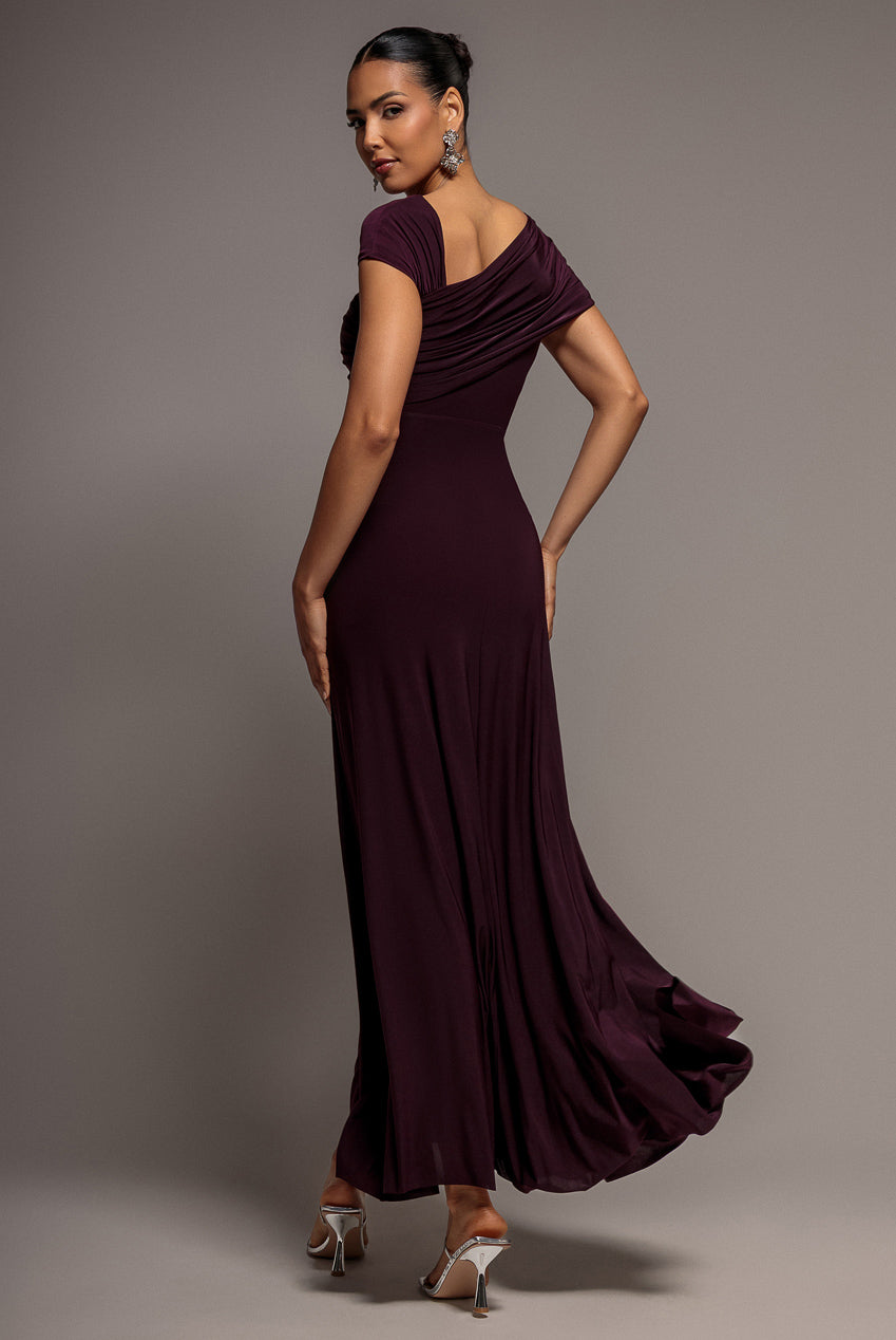 Goddiva Asymmetric Neck Gathered Waist Maxi Dress - Burgundy