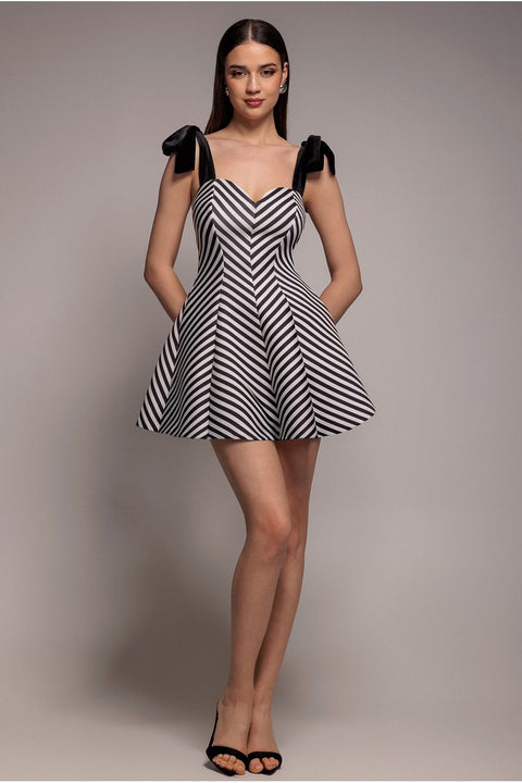 Goddiva Diagonal Stripe Velvet Bow A Line Mini Dress - Black White