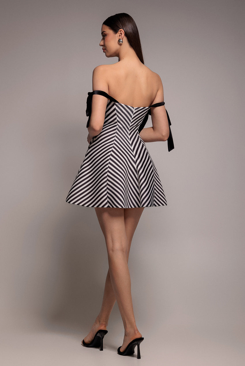 Goddiva Diagonal Stripe Velvet Bow A Line Mini Dress - Black White