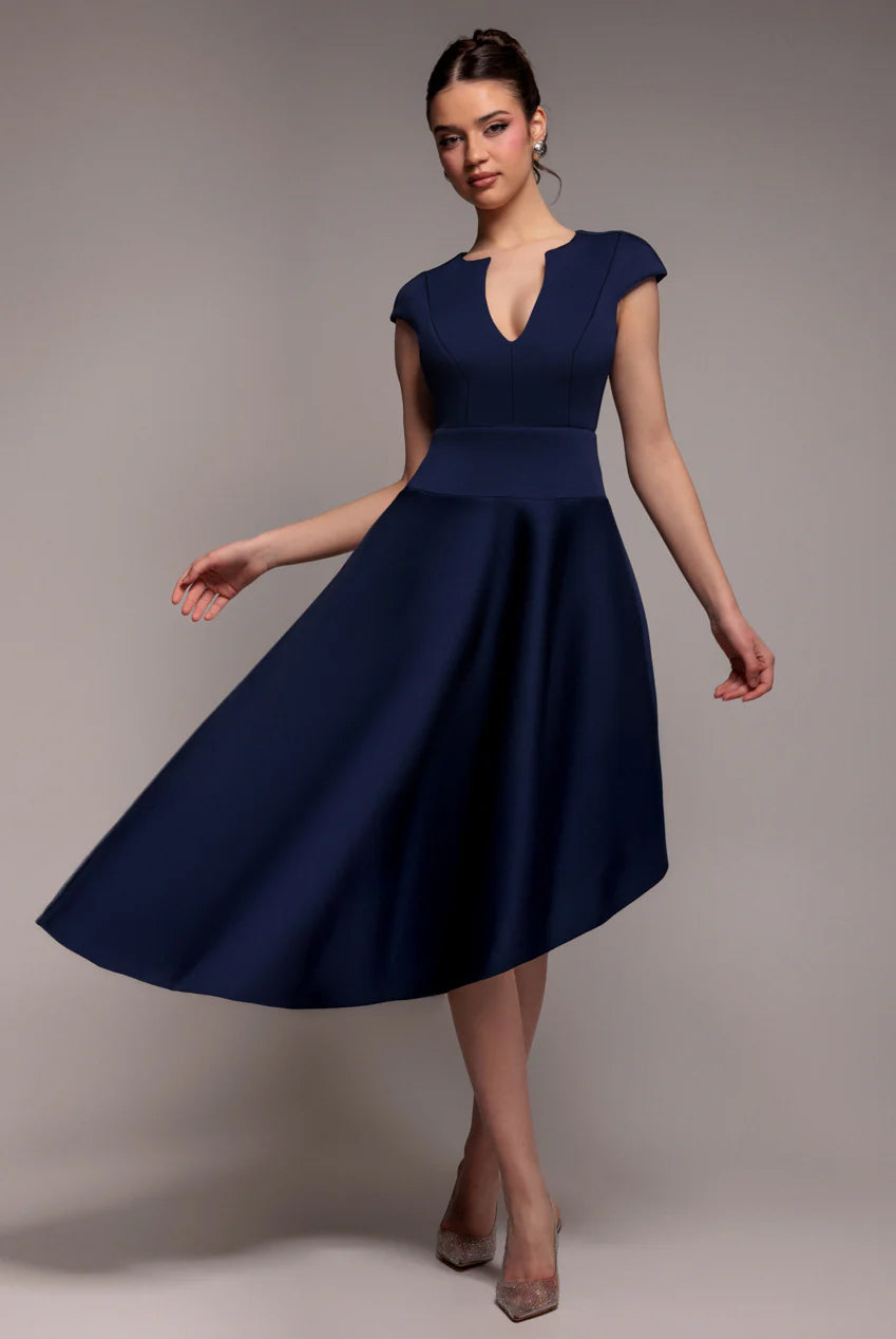 Goddiva Cap Sleeve Skater High Low Midi Dress - Navy Blue